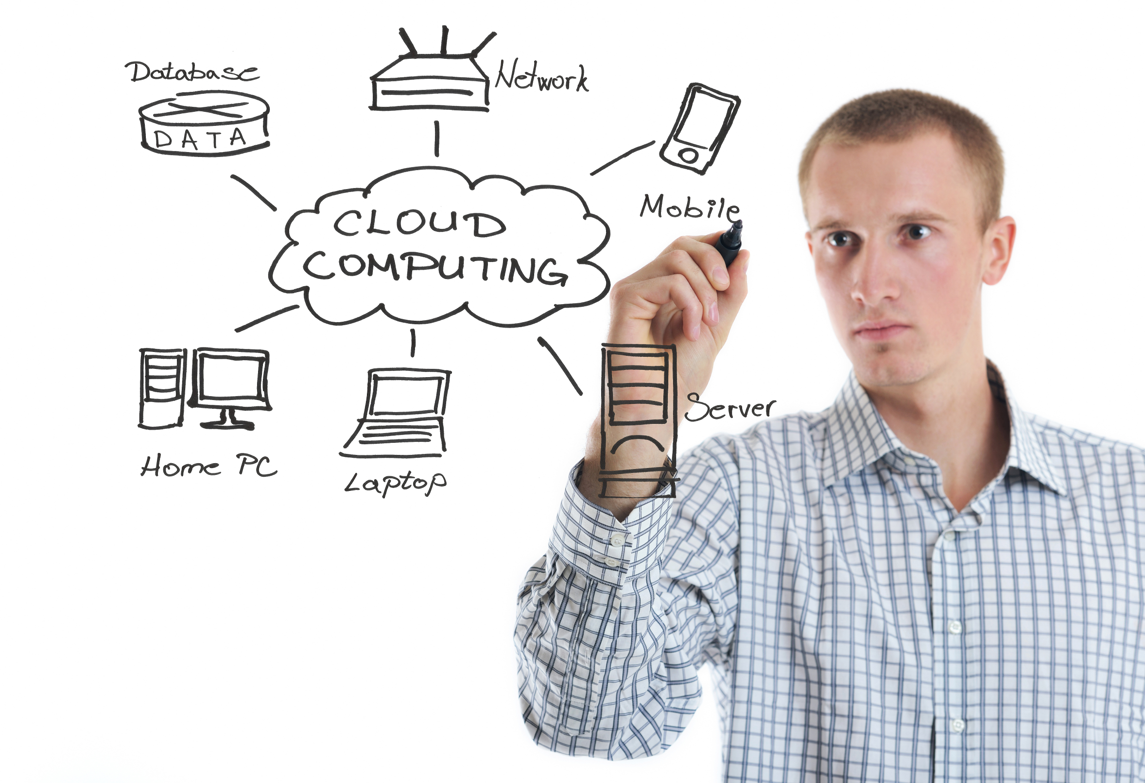 business man draw cloud computing chart on glass isolated over white background in studio